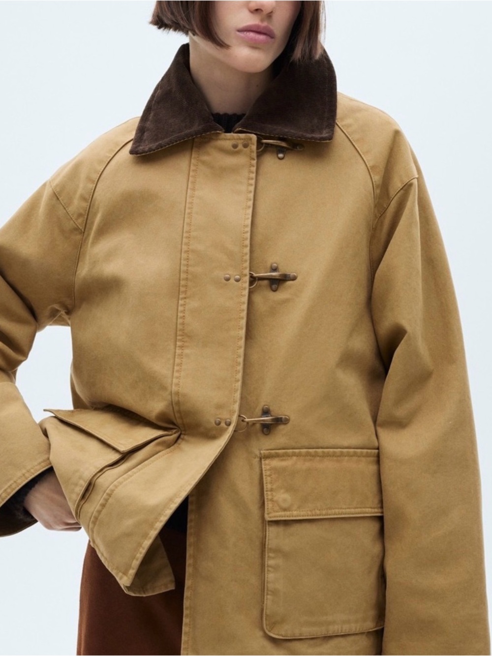 Mango Tan Utility Jacket with Dark Brown Corduroy Collar